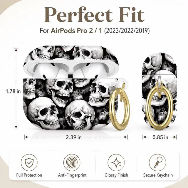 Alt view image 2 of 7 - Compatible with AirPod Pro 2nd/1st Generation Case Cover with Key Chain,Full Protective Shockproof Wireless Headphone Case for Airpod Pro 2023/2022/2019(Skull Black White Seamless)