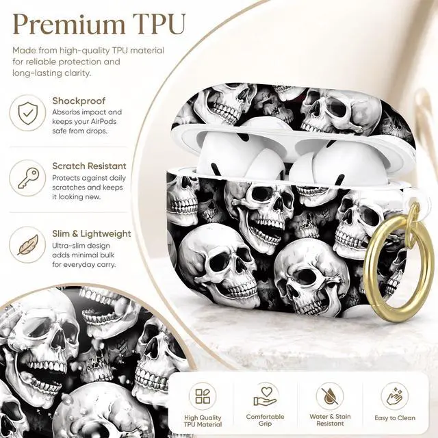 Alt view image 4 of 7 - Compatible with AirPod Pro 2nd/1st Generation Case Cover with Key Chain,Full Protective Shockproof Wireless Headphone Case for Airpod Pro 2023/2022/2019(Skull Black White Seamless)
