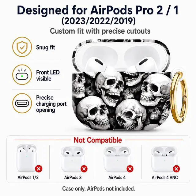 Alt view image 5 of 7 - Compatible with AirPod Pro 2nd/1st Generation Case Cover with Key Chain,Full Protective Shockproof Wireless Headphone Case for Airpod Pro 2023/2022/2019(Skull Black White Seamless)