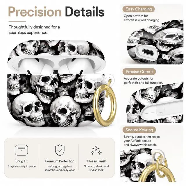 Alt view image 3 of 7 - Compatible with AirPod Pro 2nd/1st Generation Case Cover with Key Chain,Full Protective Shockproof Wireless Headphone Case for Airpod Pro 2023/2022/2019(Skull Black White Seamless)