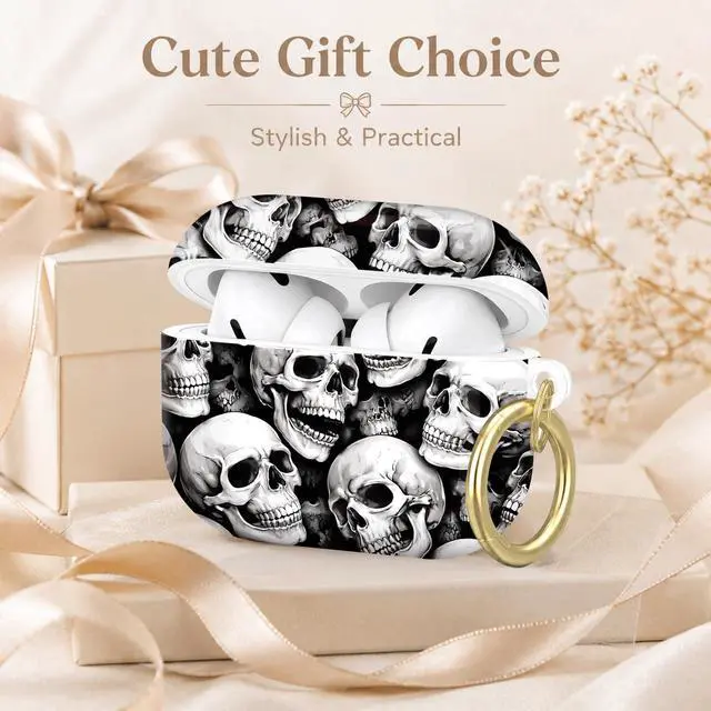 Alt view image 7 of 7 - Compatible with AirPod Pro 2nd/1st Generation Case Cover with Key Chain,Full Protective Shockproof Wireless Headphone Case for Airpod Pro 2023/2022/2019(Skull Black White Seamless)