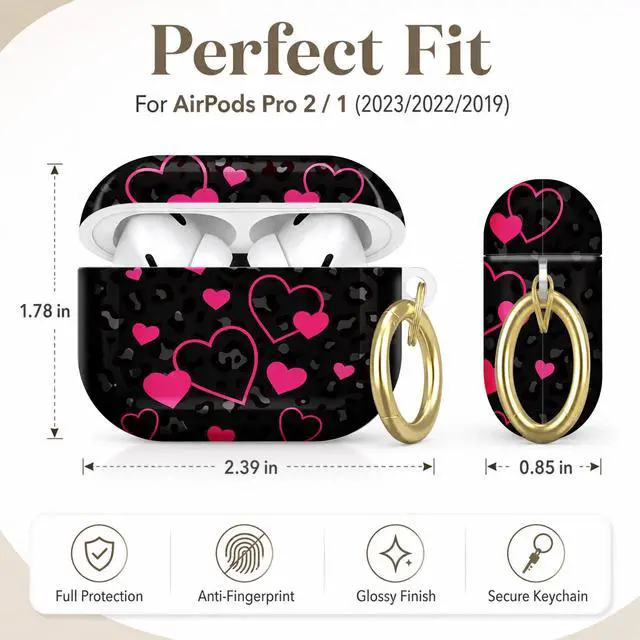 Alt view image 2 of 7 - Compatible with AirPod Pro 2nd/1st Generation Case Cover with Key Chain,Full Protective Shockproof Wireless Headphone Case for Airpod Pro 2023/2022/2019(Pink Hearts On Black Leopard)