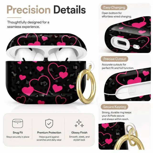 Alt view image 3 of 7 - Compatible with AirPod Pro 2nd/1st Generation Case Cover with Key Chain,Full Protective Shockproof Wireless Headphone Case for Airpod Pro 2023/2022/2019(Pink Hearts On Black Leopard)