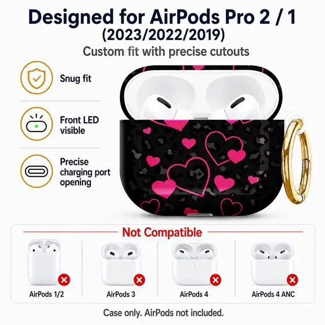 Alt view image 5 of 7 - Compatible with AirPod Pro 2nd/1st Generation Case Cover with Key Chain,Full Protective Shockproof Wireless Headphone Case for Airpod Pro 2023/2022/2019(Pink Hearts On Black Leopard)