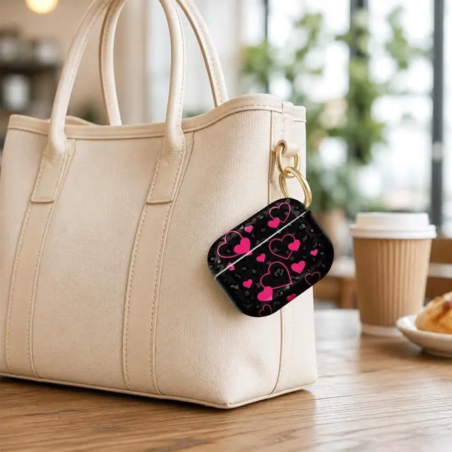 Alt view image 6 of 7 - Compatible with AirPod Pro 2nd/1st Generation Case Cover with Key Chain,Full Protective Shockproof Wireless Headphone Case for Airpod Pro 2023/2022/2019(Pink Hearts On Black Leopard)