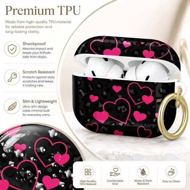 Alt view image 4 of 7 - Compatible with AirPod Pro 2nd/1st Generation Case Cover with Key Chain,Full Protective Shockproof Wireless Headphone Case for Airpod Pro 2023/2022/2019(Pink Hearts On Black Leopard)