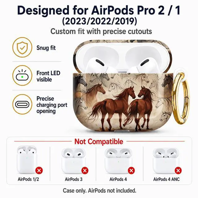 Alt view image 5 of 7 - Compatible with AirPod Pro 2nd/1st Generation Case Cover with Key Chain,Full Protective Shockproof Wireless Headphone Case for Airpod Pro 2023/2022/2019(Horse Sketches Artistic)