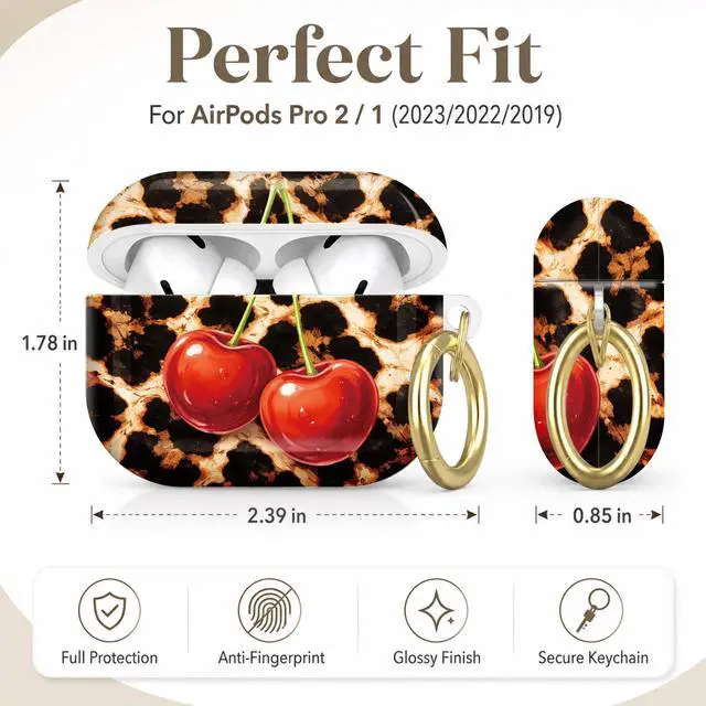 Alt view image 2 of 7 - Compatible with AirPod Pro 2nd/1st Generation Case Cover with Key Chain,Full Protective Shockproof Wireless Headphone Case for Airpod Pro 2023/2022/2019(Leopard with Cherries)