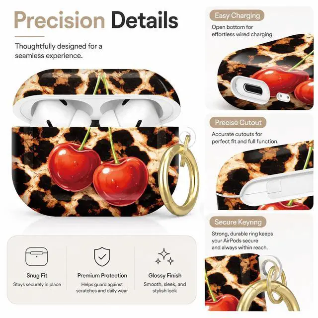 Alt view image 3 of 7 - Compatible with AirPod Pro 2nd/1st Generation Case Cover with Key Chain,Full Protective Shockproof Wireless Headphone Case for Airpod Pro 2023/2022/2019(Leopard with Cherries)