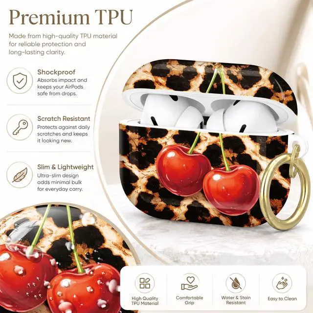 Alt view image 4 of 7 - Compatible with AirPod Pro 2nd/1st Generation Case Cover with Key Chain,Full Protective Shockproof Wireless Headphone Case for Airpod Pro 2023/2022/2019(Leopard with Cherries)