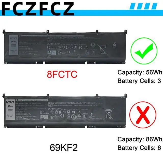 Alt view image 3 of 6 - 8FCTC Battery 56Wh 4650mAh 69KF2 70N2F 11.4V 3-Cells | Replacement for Dell Alienware M15 R3 R4 R5 M16 R1 M17 R3 / Precision 5550 5560 / XPS 9500 9510 / Inspiron 15 7510 Series