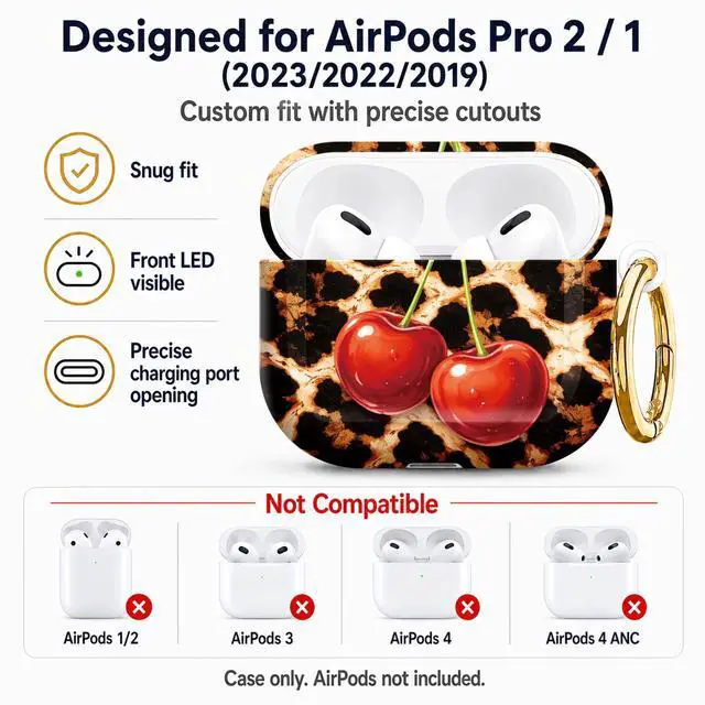 Alt view image 5 of 7 - Compatible with AirPod Pro 2nd/1st Generation Case Cover with Key Chain,Full Protective Shockproof Wireless Headphone Case for Airpod Pro 2023/2022/2019(Leopard with Cherries)
