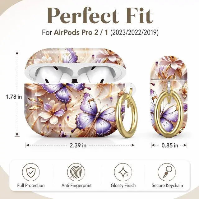 Alt view image 2 of 7 - Compatible with AirPod Pro 2nd/1st Generation Case Cover with Key Chain,Full Protective Shockproof Wireless Headphone Case for Airpod Pro 2023/2022/2019(Purple Butterflies White Flowers)