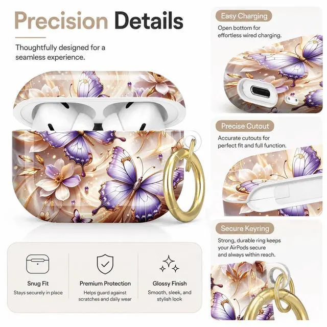 Alt view image 3 of 7 - Compatible with AirPod Pro 2nd/1st Generation Case Cover with Key Chain,Full Protective Shockproof Wireless Headphone Case for Airpod Pro 2023/2022/2019(Purple Butterflies White Flowers)