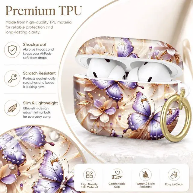 Alt view image 4 of 7 - Compatible with AirPod Pro 2nd/1st Generation Case Cover with Key Chain,Full Protective Shockproof Wireless Headphone Case for Airpod Pro 2023/2022/2019(Purple Butterflies White Flowers)