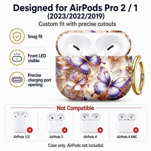 Alt view image 5 of 7 - Compatible with AirPod Pro 2nd/1st Generation Case Cover with Key Chain,Full Protective Shockproof Wireless Headphone Case for Airpod Pro 2023/2022/2019(Purple Butterflies White Flowers)