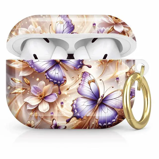 Main image of Compatible with AirPod Pro 2nd/1st Generation Case Cover with Key Chain,Full Protective Shockproof Wireless Headphone Case for Airpod Pro 2023/2022/2019(Purple Butterflies White Flowers)