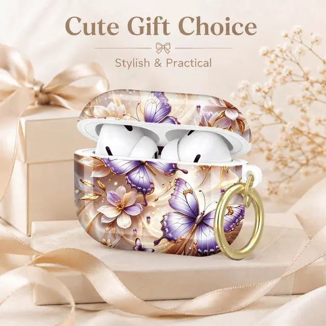 Alt view image 7 of 7 - Compatible with AirPod Pro 2nd/1st Generation Case Cover with Key Chain,Full Protective Shockproof Wireless Headphone Case for Airpod Pro 2023/2022/2019(Purple Butterflies White Flowers)