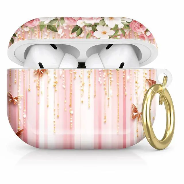 Main image of Compatible with AirPod Pro 2nd/1st Generation Case Cover with Key Chain,Full Protective Shockproof Wireless Headphone Case for Airpod Pro 2023/2022/2019(Floral Roses Butterflies Pearls Gold Pink)