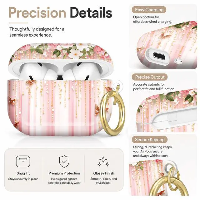 Alt view image 3 of 7 - Compatible with AirPod Pro 2nd/1st Generation Case Cover with Key Chain,Full Protective Shockproof Wireless Headphone Case for Airpod Pro 2023/2022/2019(Floral Roses Butterflies Pearls Gold Pink)