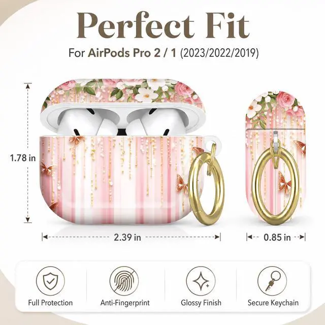 Alt view image 2 of 7 - Compatible with AirPod Pro 2nd/1st Generation Case Cover with Key Chain,Full Protective Shockproof Wireless Headphone Case for Airpod Pro 2023/2022/2019(Floral Roses Butterflies Pearls Gold Pink)