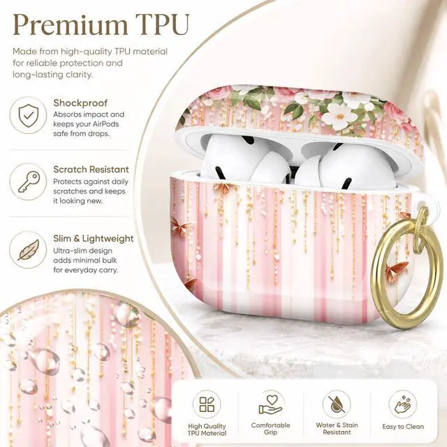 Alt view image 4 of 7 - Compatible with AirPod Pro 2nd/1st Generation Case Cover with Key Chain,Full Protective Shockproof Wireless Headphone Case for Airpod Pro 2023/2022/2019(Floral Roses Butterflies Pearls Gold Pink)