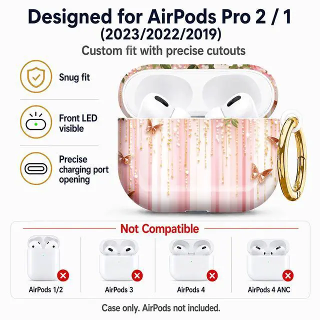 Alt view image 5 of 7 - Compatible with AirPod Pro 2nd/1st Generation Case Cover with Key Chain,Full Protective Shockproof Wireless Headphone Case for Airpod Pro 2023/2022/2019(Floral Roses Butterflies Pearls Gold Pink)