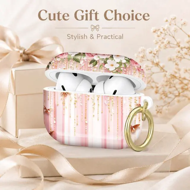 Alt view image 7 of 7 - Compatible with AirPod Pro 2nd/1st Generation Case Cover with Key Chain,Full Protective Shockproof Wireless Headphone Case for Airpod Pro 2023/2022/2019(Floral Roses Butterflies Pearls Gold Pink)