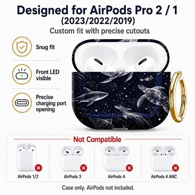 Alt view image 5 of 7 - Compatible with AirPod Pro 2nd/1st Generation Case Cover with Key Chain,Full Protective Shockproof Wireless Headphone Case for Airpod Pro 2023/2022/2019(Marine Life in Starry Night Sky)