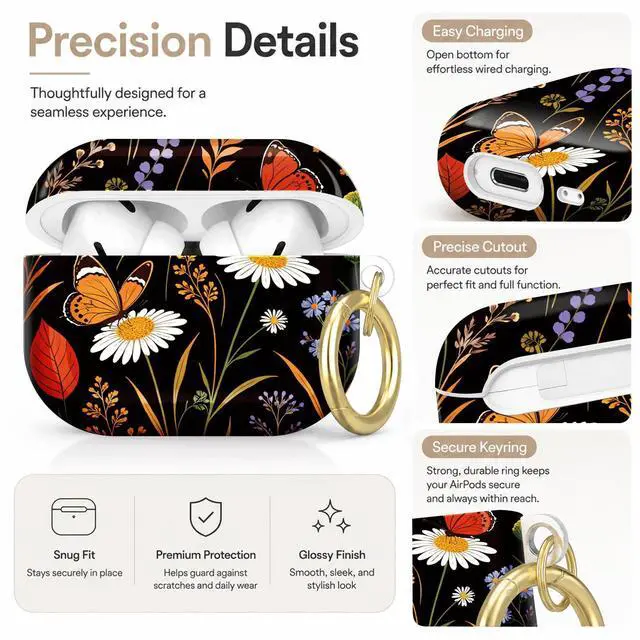 Alt view image 3 of 7 - Compatible with AirPod Pro 2nd/1st Generation Case Cover with Key Chain,Full Protective Shockproof Wireless Headphone Case for Airpod Pro 2023/2022/2019(Floral with Butterflies Leaves)