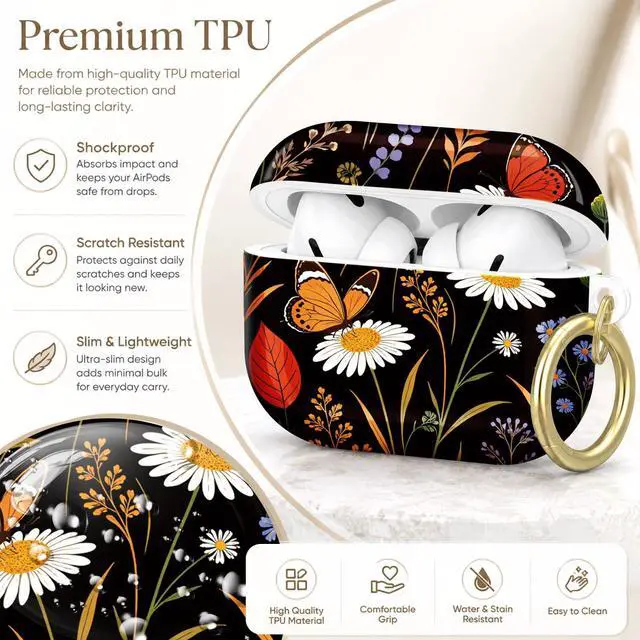 Alt view image 4 of 7 - Compatible with AirPod Pro 2nd/1st Generation Case Cover with Key Chain,Full Protective Shockproof Wireless Headphone Case for Airpod Pro 2023/2022/2019(Floral with Butterflies Leaves)
