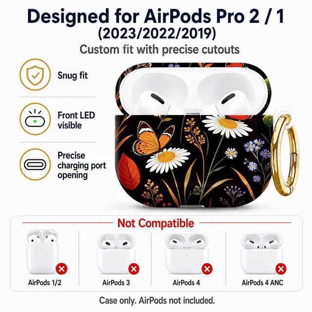 Alt view image 5 of 7 - Compatible with AirPod Pro 2nd/1st Generation Case Cover with Key Chain,Full Protective Shockproof Wireless Headphone Case for Airpod Pro 2023/2022/2019(Floral with Butterflies Leaves)
