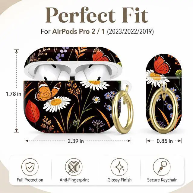 Alt view image 2 of 7 - Compatible with AirPod Pro 2nd/1st Generation Case Cover with Key Chain,Full Protective Shockproof Wireless Headphone Case for Airpod Pro 2023/2022/2019(Floral with Butterflies Leaves)