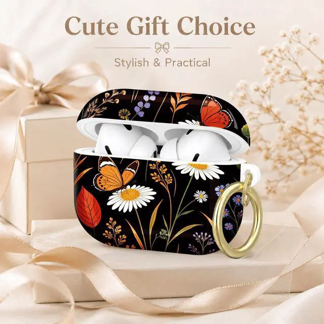 Alt view image 7 of 7 - Compatible with AirPod Pro 2nd/1st Generation Case Cover with Key Chain,Full Protective Shockproof Wireless Headphone Case for Airpod Pro 2023/2022/2019(Floral with Butterflies Leaves)