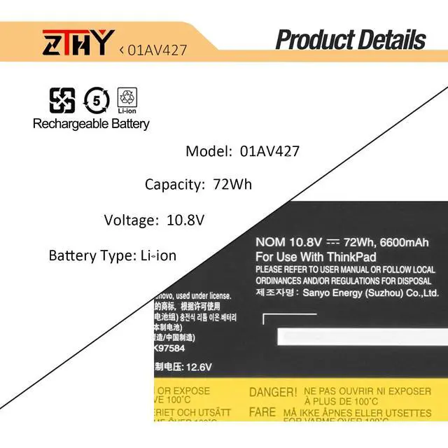 Alt view image 3 of 6 - 61++ 01AV427 01AV425 Laptop Battery Replacement for Lenovo ThinkPad T480 | T470 P51S P52S T570 T580 A485 A475 TP25 Series 4X50M08812 01AV422 01AV423 01AV424 01AV428 01AV490 01AV492 01AV452 10.8V 72Wh
