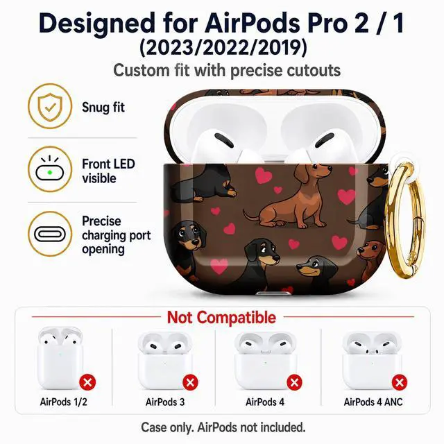 Alt view image 5 of 7 - Compatible with AirPod Pro 2nd/1st Generation Case Cover with Key Chain,Full Protective Shockproof Wireless Headphone Case for Airpod Pro 2023/2022/2019(Dachshund Dogs Hearts Brown)
