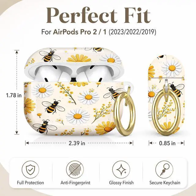Alt view image 2 of 7 - Compatible with AirPod Pro 2nd/1st Generation Case Cover with Key Chain,Full Protective Shockproof Wireless Headphone Case for Airpod Pro 2023/2022/2019(Daisies Bees Yellow Flowers)