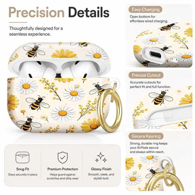 Alt view image 3 of 7 - Compatible with AirPod Pro 2nd/1st Generation Case Cover with Key Chain,Full Protective Shockproof Wireless Headphone Case for Airpod Pro 2023/2022/2019(Daisies Bees Yellow Flowers)