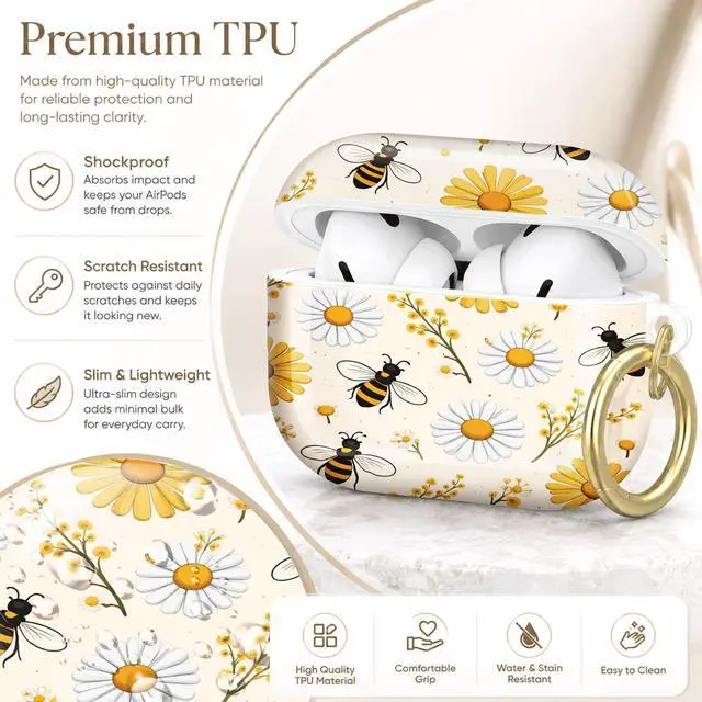 Alt view image 4 of 7 - Compatible with AirPod Pro 2nd/1st Generation Case Cover with Key Chain,Full Protective Shockproof Wireless Headphone Case for Airpod Pro 2023/2022/2019(Daisies Bees Yellow Flowers)