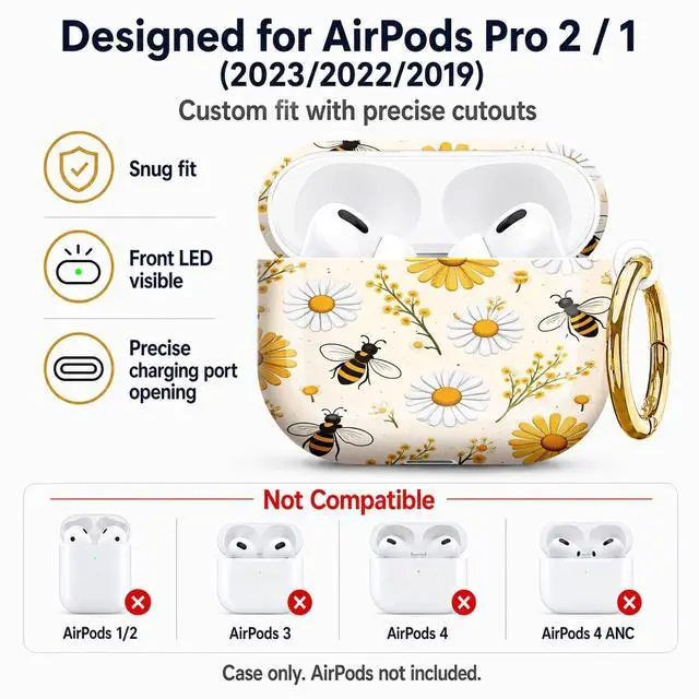 Alt view image 5 of 7 - Compatible with AirPod Pro 2nd/1st Generation Case Cover with Key Chain,Full Protective Shockproof Wireless Headphone Case for Airpod Pro 2023/2022/2019(Daisies Bees Yellow Flowers)