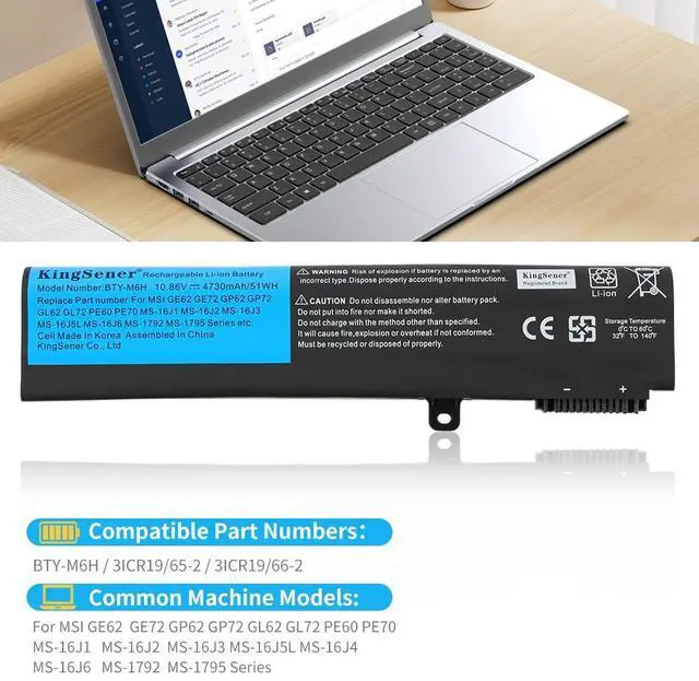 Alt view image 2 of 7 - 51Wh BTY-M6H Laptop Battery for MSI GE63 GE73 GE75 10.86V | GE72VR GE73VR GL72M GL72MVR GL72VR GP62 GP73 PE70 PL62 MS-1792 MS-16J2 10.86V