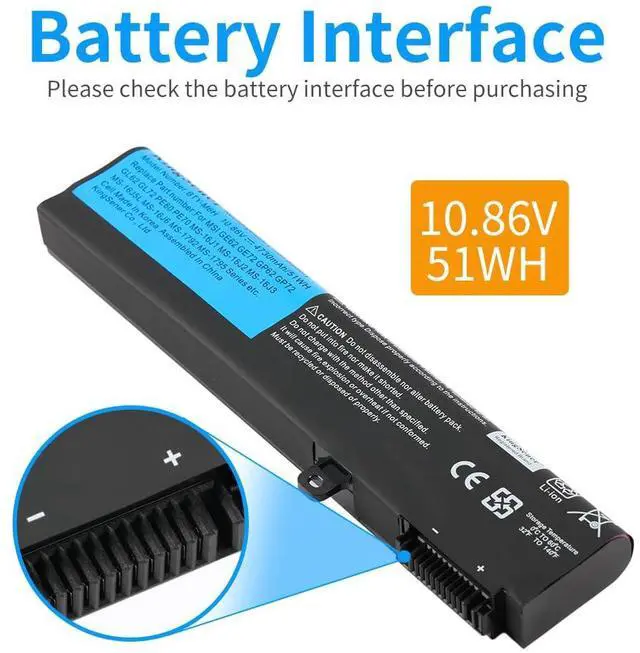 Alt view image 3 of 7 - 51Wh BTY-M6H Laptop Battery for MSI GE63 GE73 GE75 10.86V | GE72VR GE73VR GL72M GL72MVR GL72VR GP62 GP73 PE70 PL62 MS-1792 MS-16J2 10.86V