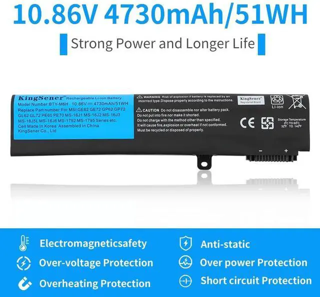 Alt view image 4 of 7 - 51Wh BTY-M6H Laptop Battery for MSI GE63 GE73 GE75 10.86V | GE72VR GE73VR GL72M GL72MVR GL72VR GP62 GP73 PE70 PL62 MS-1792 MS-16J2 10.86V