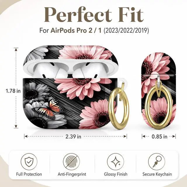 Alt view image 2 of 7 - Compatible with AirPod Pro 2nd/1st Generation Case Cover with Key Chain,Full Protective Shockproof Wireless Headphone Case for Airpod Pro 2023/2022/2019(Floral with Butterflies Daisies)