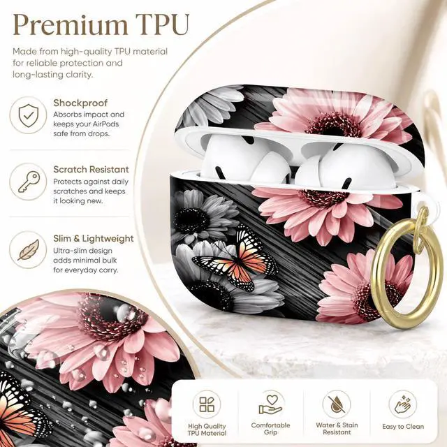 Alt view image 4 of 7 - Compatible with AirPod Pro 2nd/1st Generation Case Cover with Key Chain,Full Protective Shockproof Wireless Headphone Case for Airpod Pro 2023/2022/2019(Floral with Butterflies Daisies)
