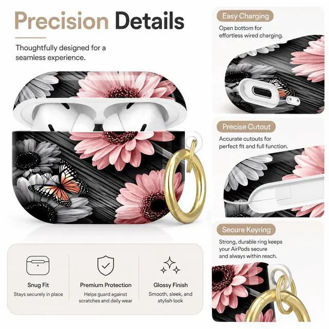 Alt view image 3 of 7 - Compatible with AirPod Pro 2nd/1st Generation Case Cover with Key Chain,Full Protective Shockproof Wireless Headphone Case for Airpod Pro 2023/2022/2019(Floral with Butterflies Daisies)
