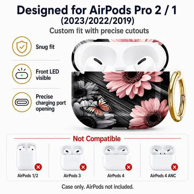Alt view image 5 of 7 - Compatible with AirPod Pro 2nd/1st Generation Case Cover with Key Chain,Full Protective Shockproof Wireless Headphone Case for Airpod Pro 2023/2022/2019(Floral with Butterflies Daisies)