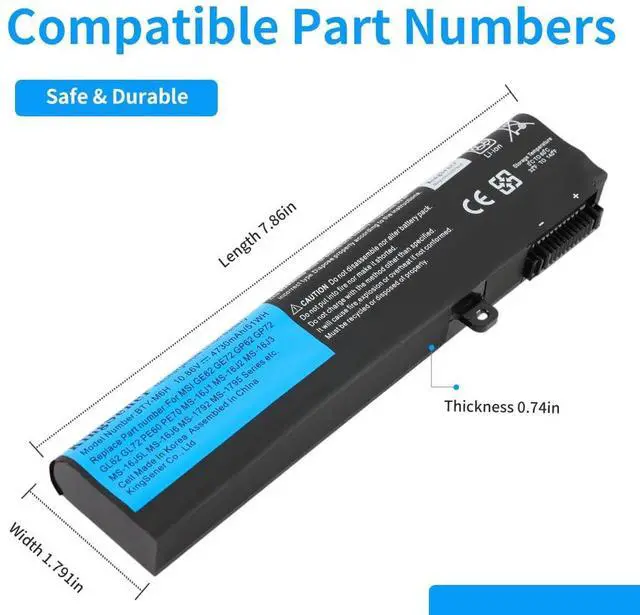 Alt view image 6 of 7 - 51Wh BTY-M6H Laptop Battery for MSI GE63 GE73 GE75 10.86V | GE72VR GE73VR GL72M GL72MVR GL72VR GP62 GP73 PE70 PL62 MS-1792 MS-16J2 10.86V