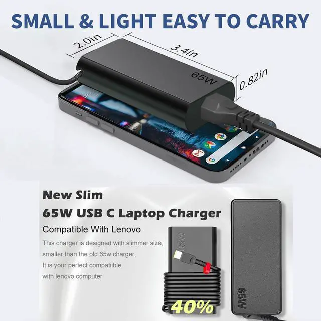 Alt view image 5 of 6 - Charger for Lenovo Laptop Computer 65W 45W USB C Laptop Charger Replacement for Lenovo Thinkpad/Yoga/Chromebook, ADLX65YDC2A Fast Power Adapter