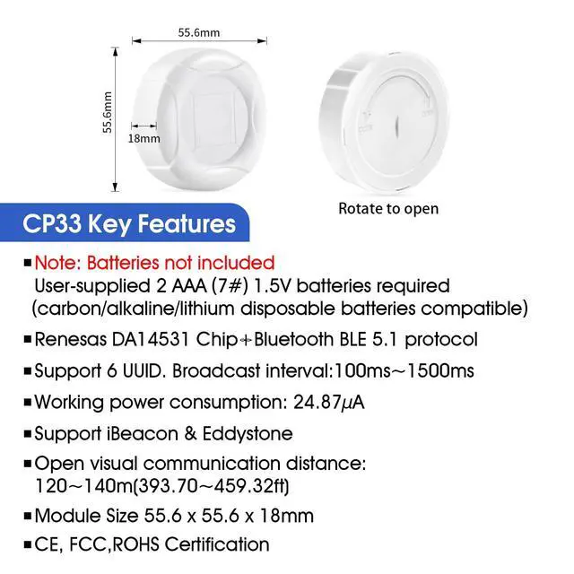 Alt view image 2 of 6 - DX-CP33 BLE 5.1 Beacon Replaceable 1.5V AAA (7#) Battery Low Power for Asset Tracking, Warehouse Management, Indoor Navigation120-M Broadcasting Range for iBeacon & Eddystone (DX-CP33*1 piece -FBA)